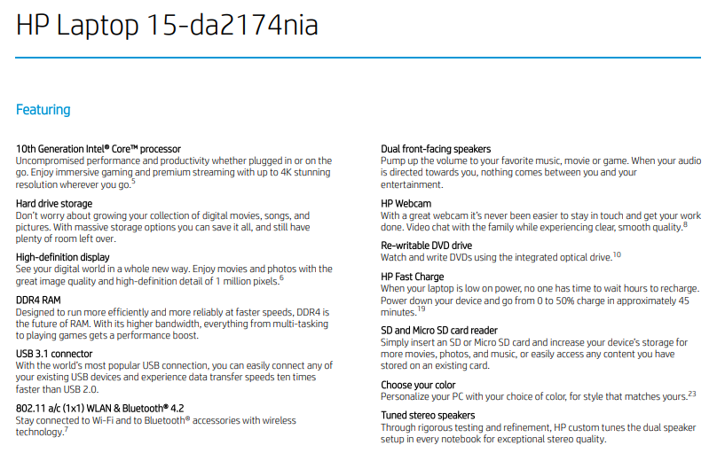 Specifications of the HP Laptop 15-da2174nia